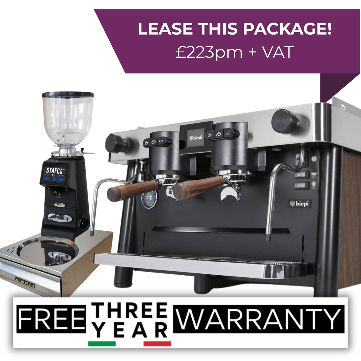 Biepi Uptown PRO 2 group speciality coffee package with RMD64 PRO grinder, installation, training and 3-year warranty. Lease from £223 + VAT/month.