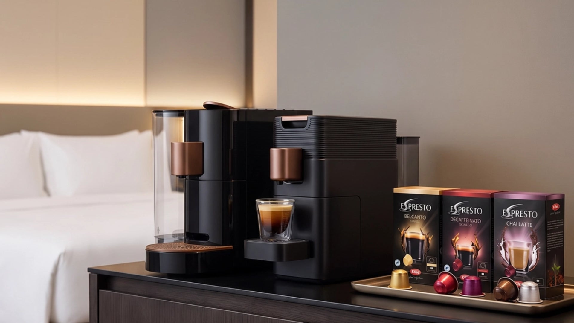 Multiple K-Fee capsule coffee machines ready to equip hotel rooms and serviced apartments.