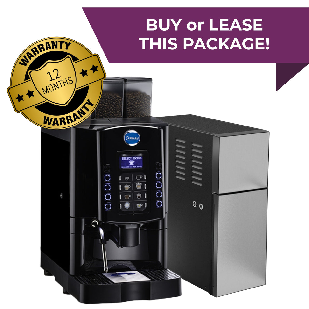 Carimali Armonia fresh milk bean-to-cup machine with 7L fridge, install, training and 12-month warranty - for hotels and offices