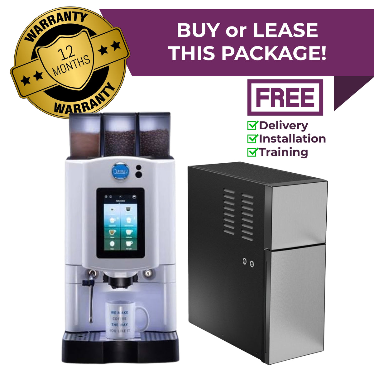 White Carimali Armonia Ultra commercial fresh milk coffee machine package with 7L milk fridge - buy or lease