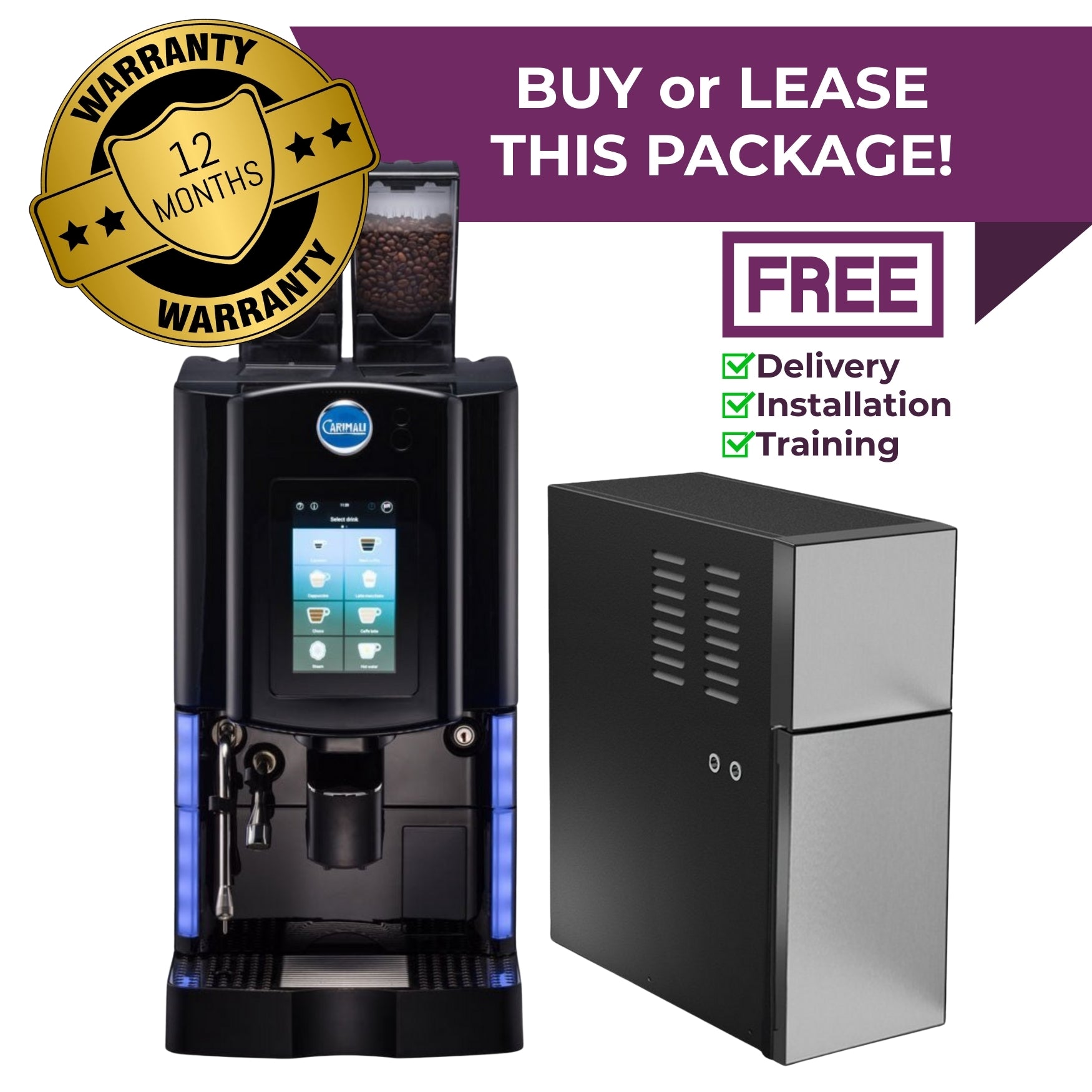Carimali Optima Ultra coffee machine package deal with 7L milk fridge – buy or lease