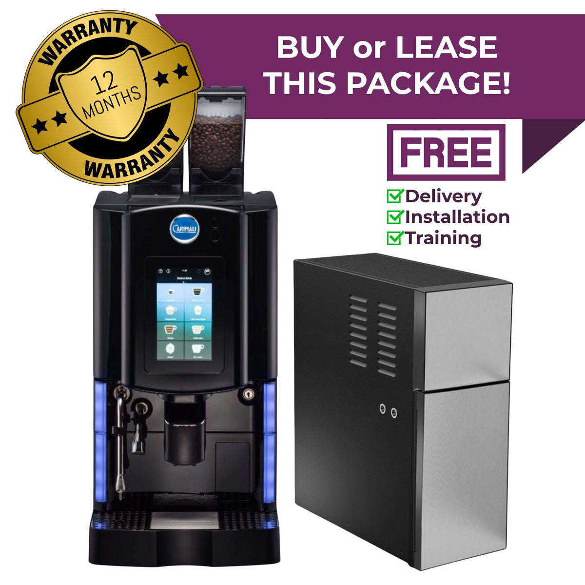 Carimali Optima Ultra coffee machine package deal with 7L milk fridge – buy or lease