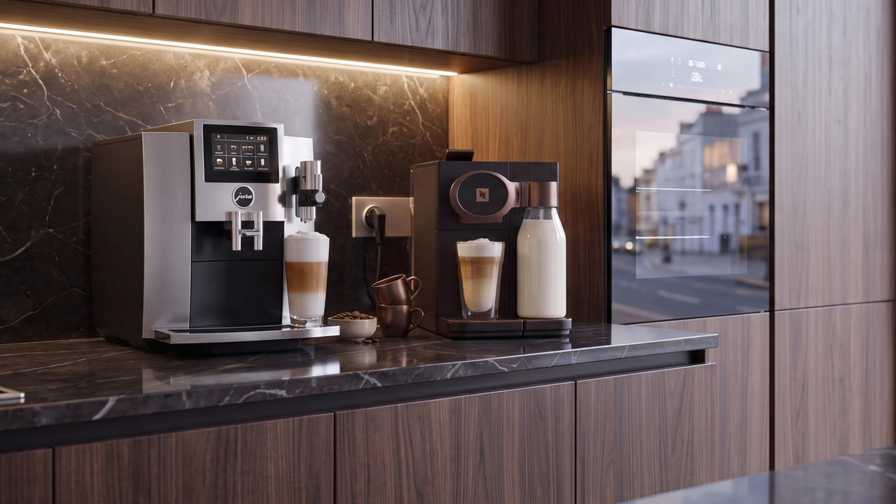Home bean-to-cup coffee machine and capsule machine shown side by side in a kitchen.