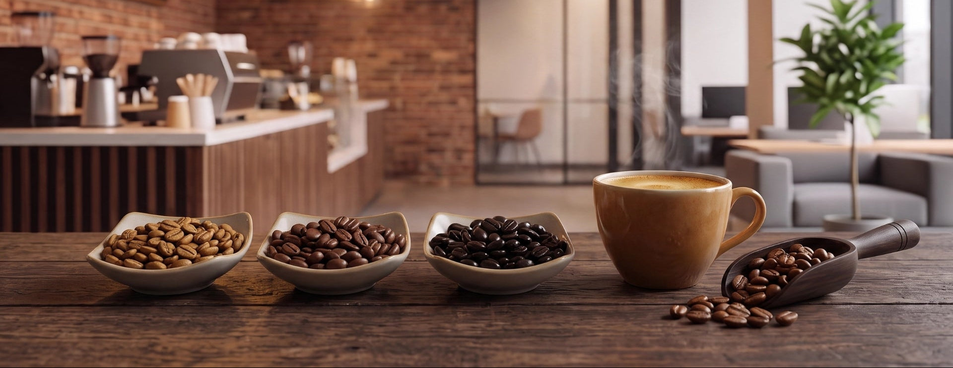 Whole coffee beans compared by roast character, strength and suitability for black coffee or milk drinks.