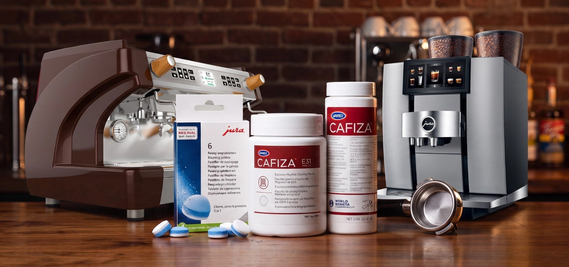 Coffee machine cleaning tablets for automatic machines compared with backflush powder for traditional espresso equipment.
