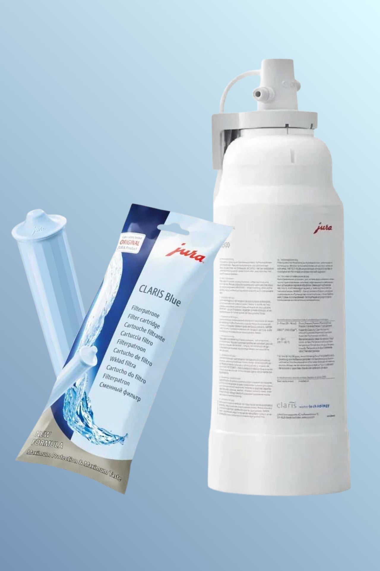 Different JURA CLARIS replacement water filters for household and professional coffee machines