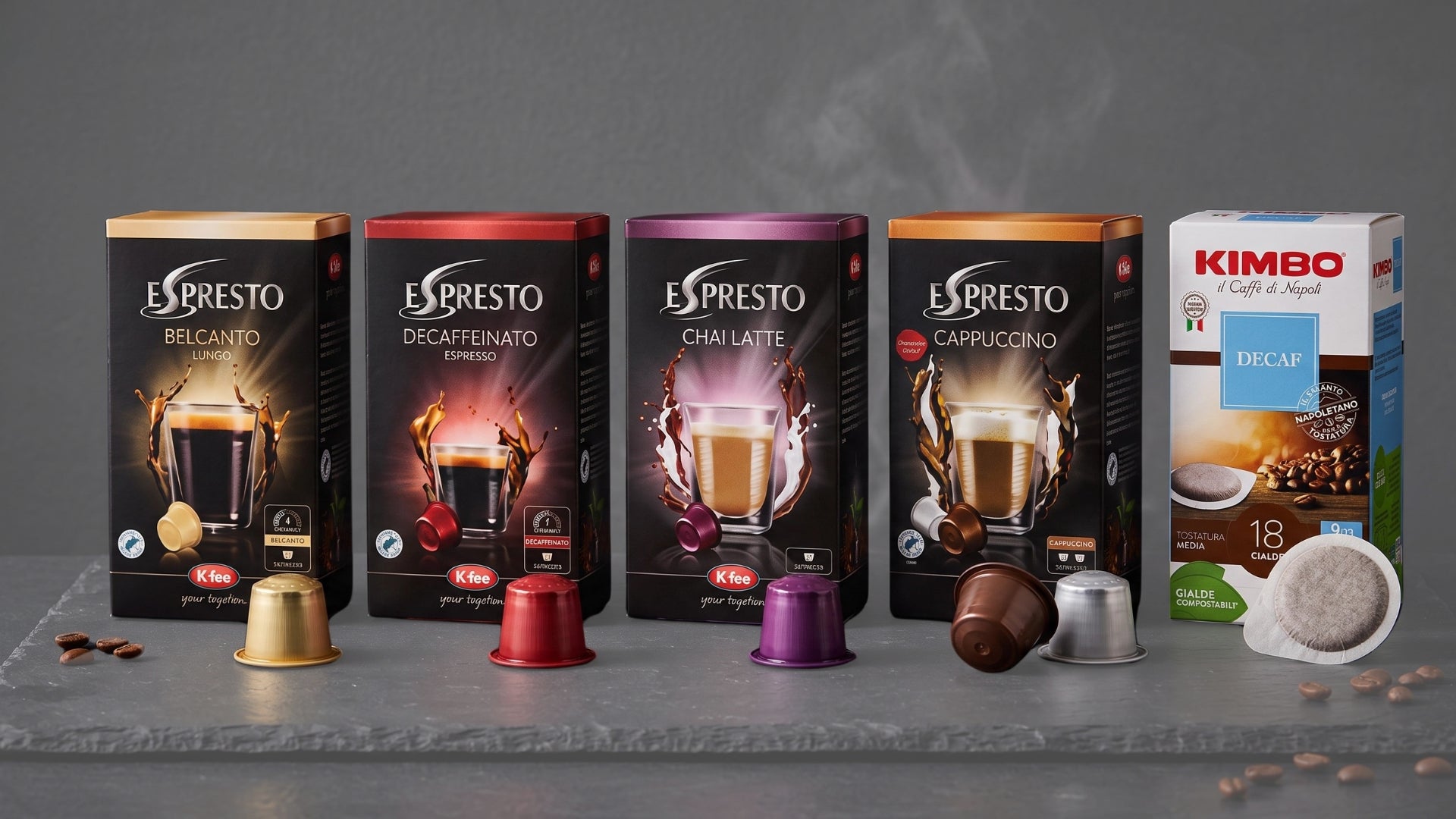 Espresto coffee and hot-drink capsules for K-Fee machines with Kimbo Easy Serving Espresso coffee pods.