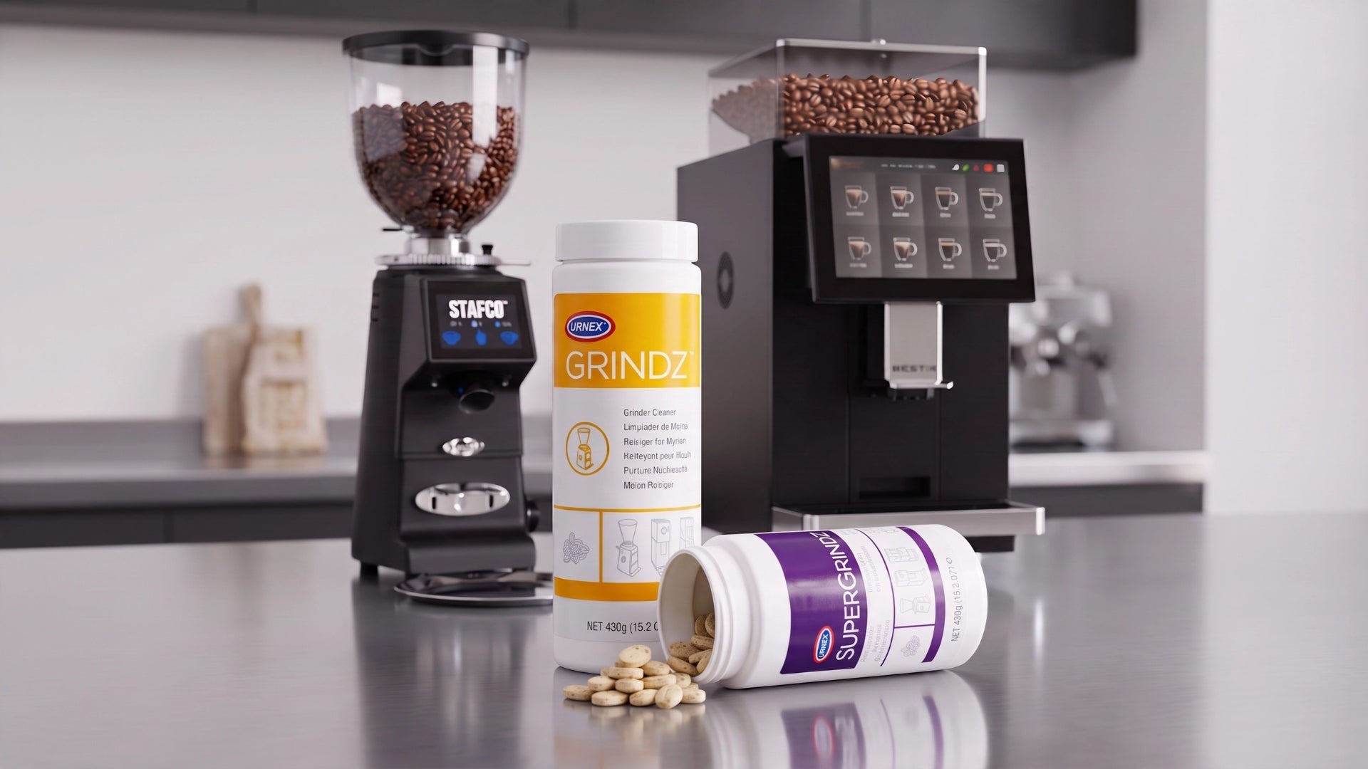 Urnex Grindz for professional and home burr grinders compared with SuperGrindz for integrated bean-to-cup grinders.