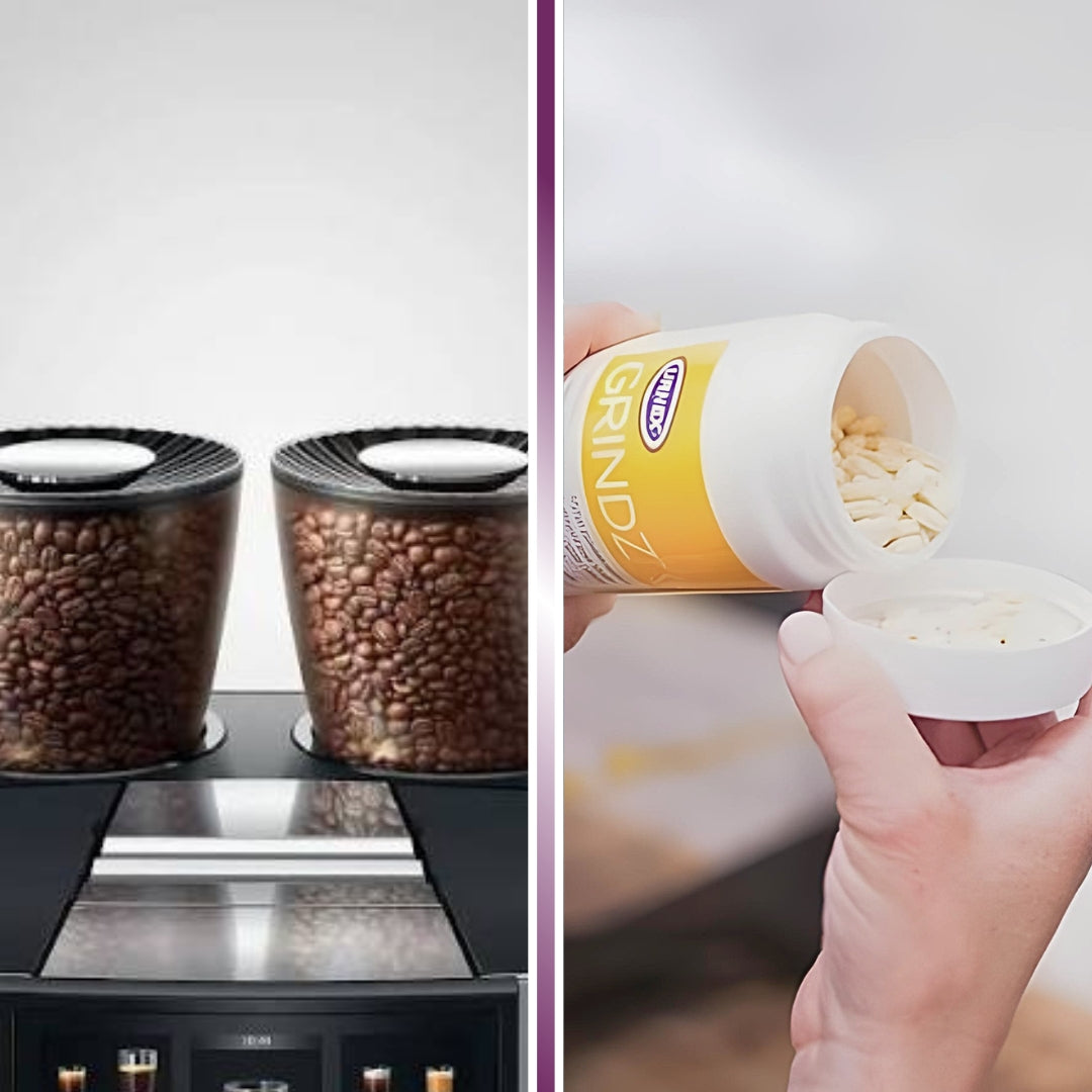 Coffee grinder cleaning products for removing coffee oils and residue from grinder burrs - for commercial grinders and automatic bean-to-cup grinders