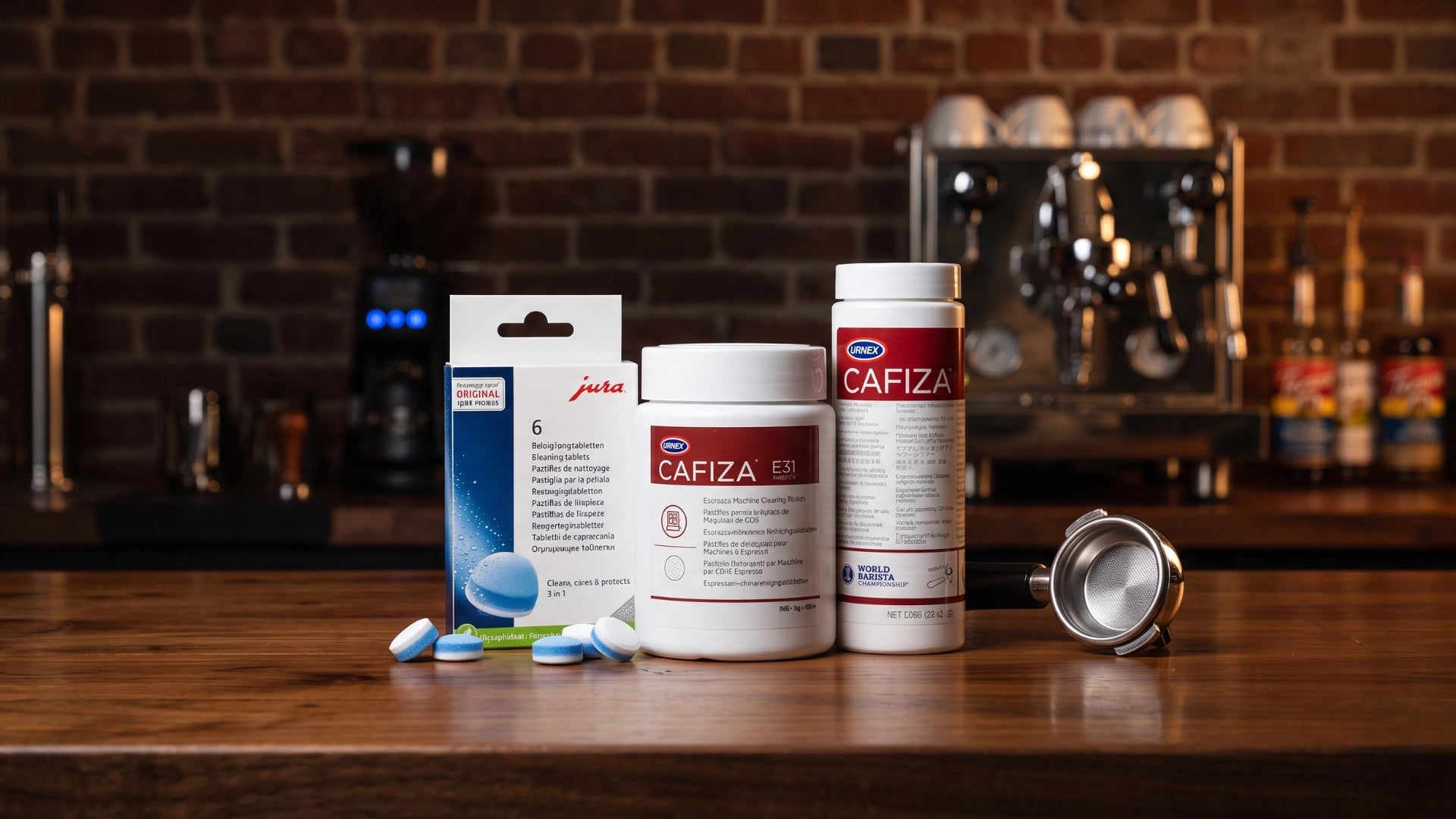 Coffee machine cleaning tablets and backflush powders for automatic and traditional espresso machines.
