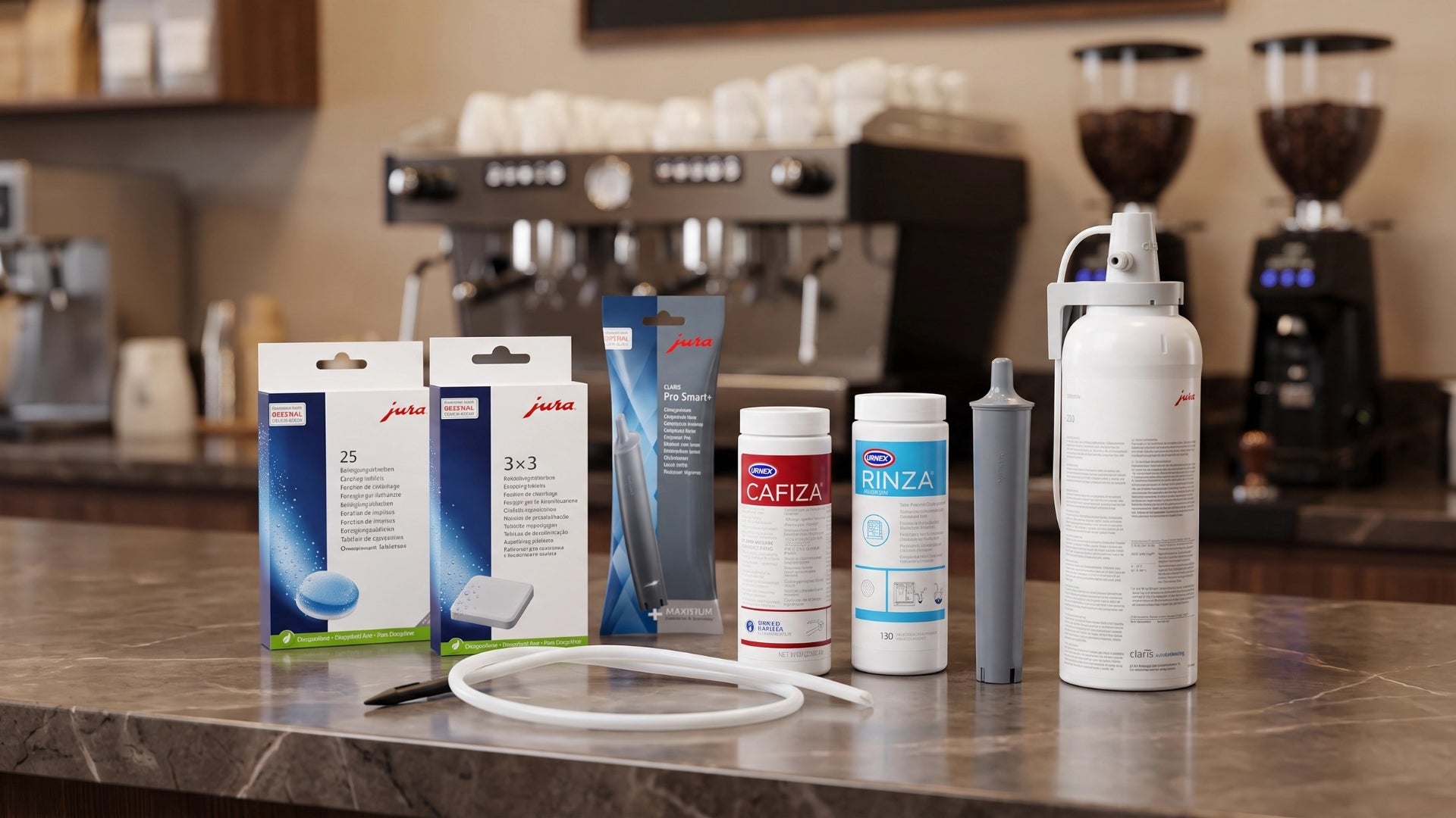 Get advice on coffee machine cleaning routine using cleaning tablets, backflush powder, milk cleaner, descaler and a replacement water filter.