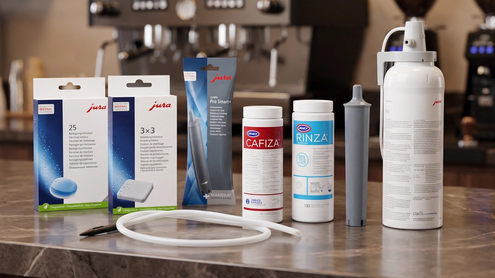 Selection of coffee machine cleaning products including tablets, backflush powder, milk cleaner, descaler and grinder cleaner.