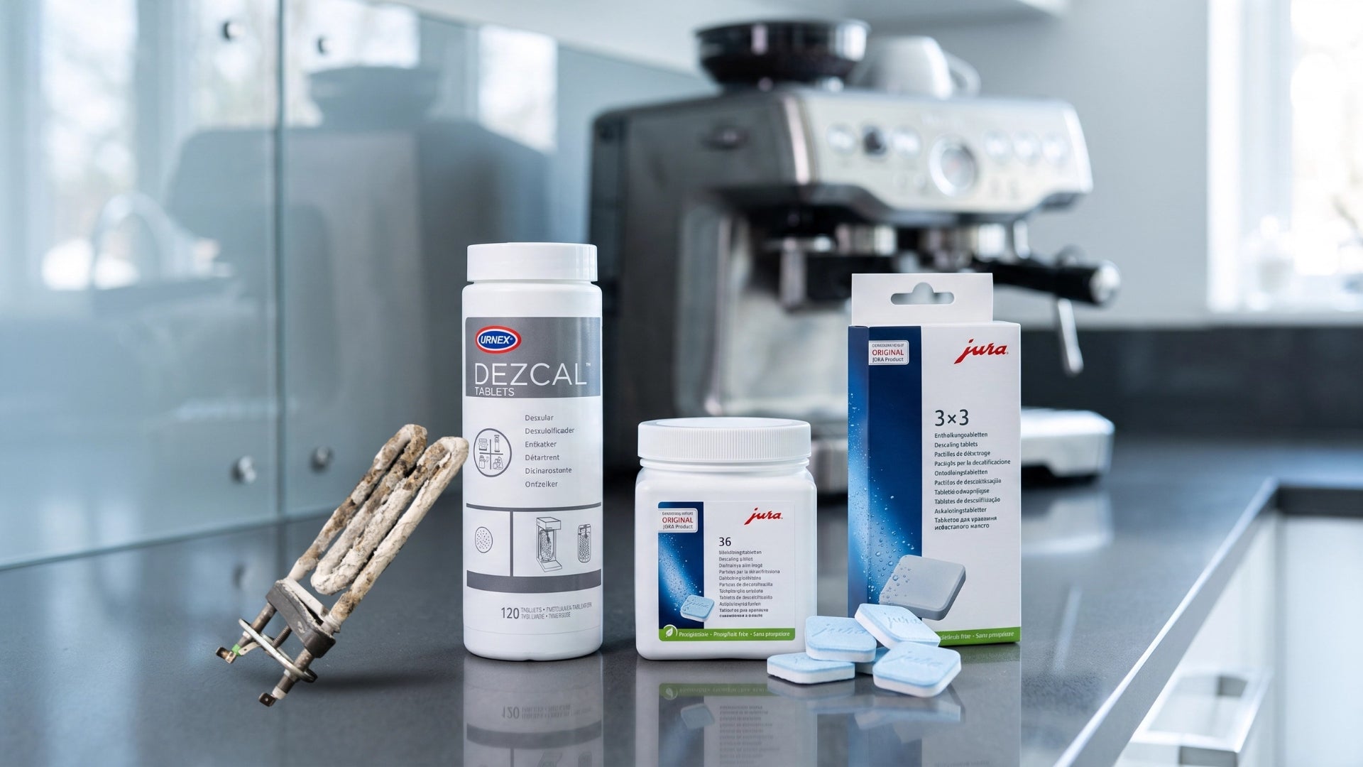 Coffee machine descaling tablets, liquid and powder for removing limescale from compatible coffee machines and coffee kit.