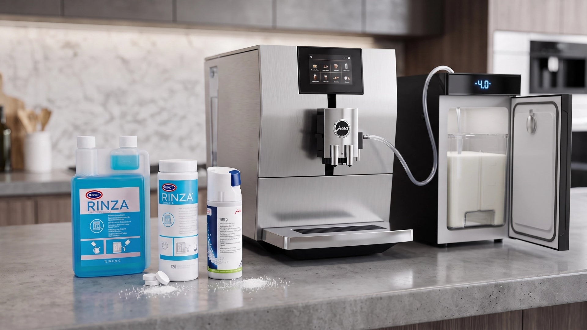 Milk-system cleaning tablets and liquids for coffee machine milk lines, frothers and steam-wand components.