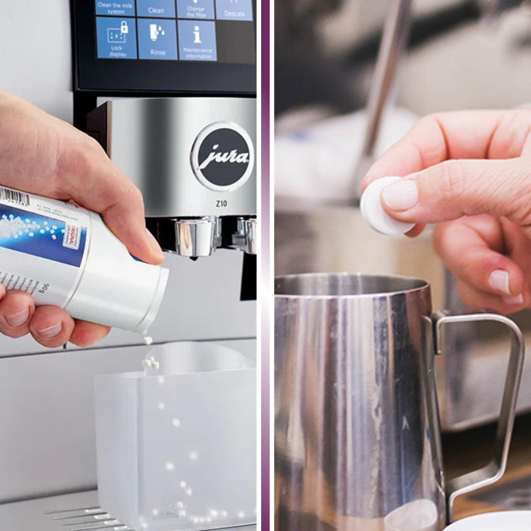 Milk-system cleaning liquid and tablets for coffee machine milk tubes and frothers.