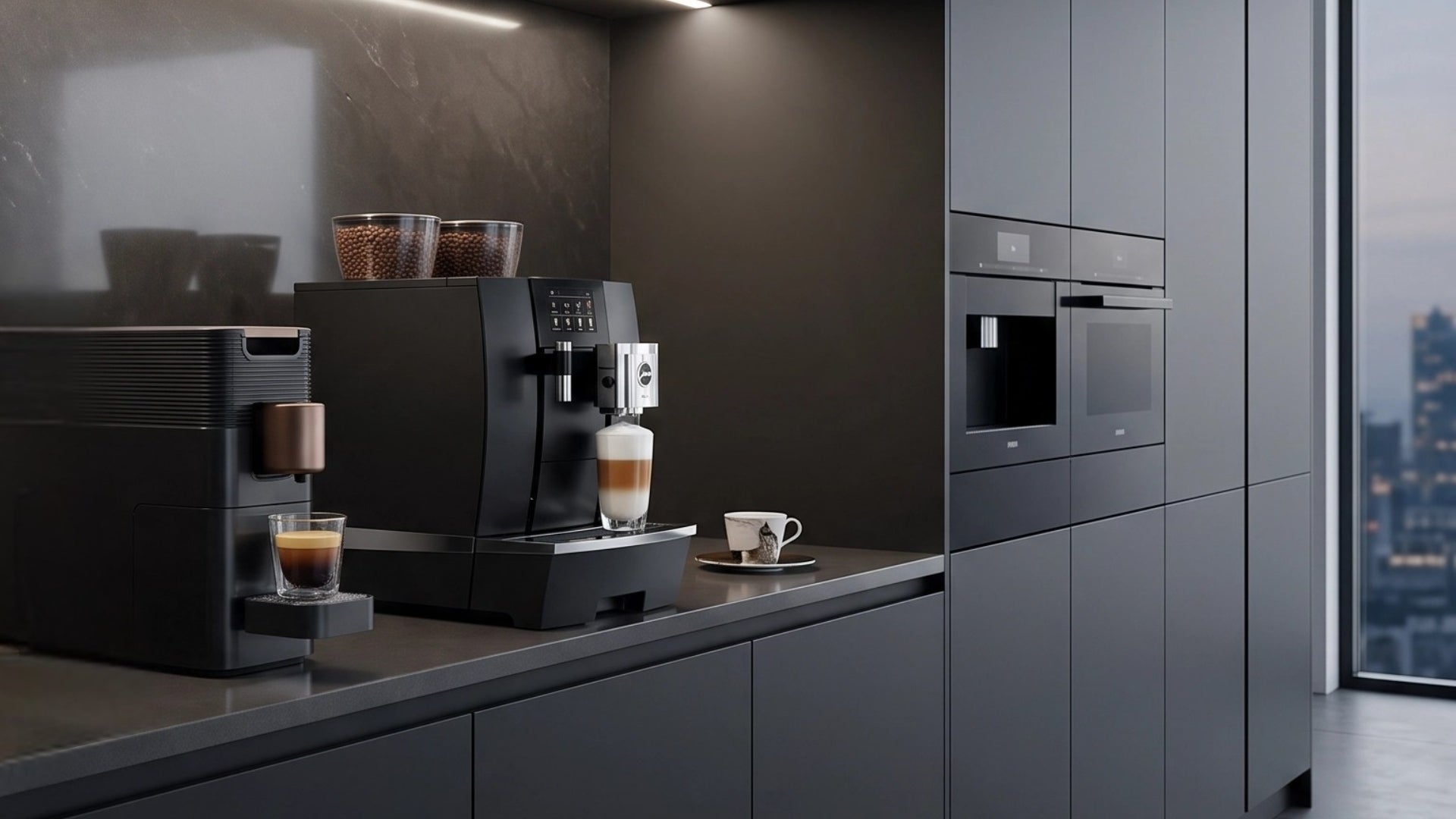 Compact bean-to-cup and capsule coffee machines displayed in a modern home kitchen.