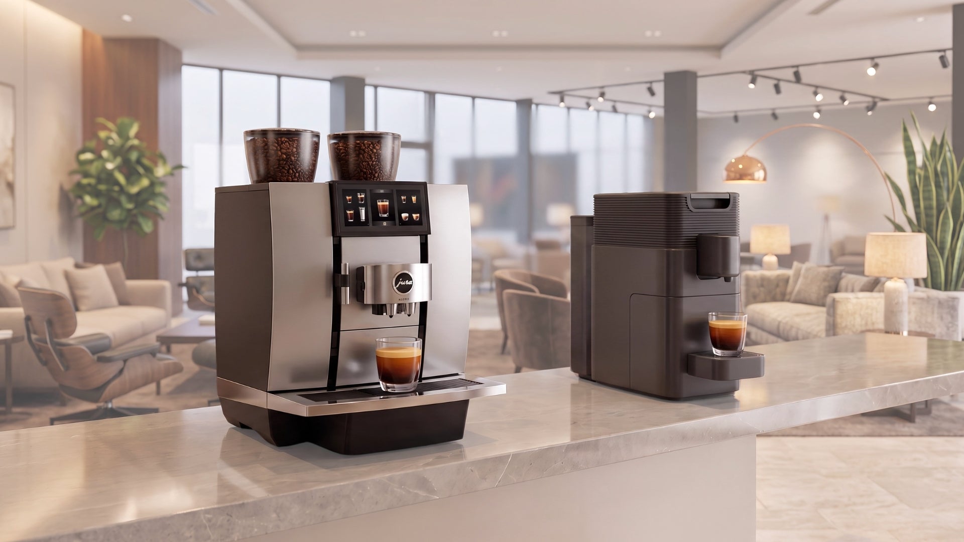 Commercial coffee machines in a waiting room, showroom or customer area