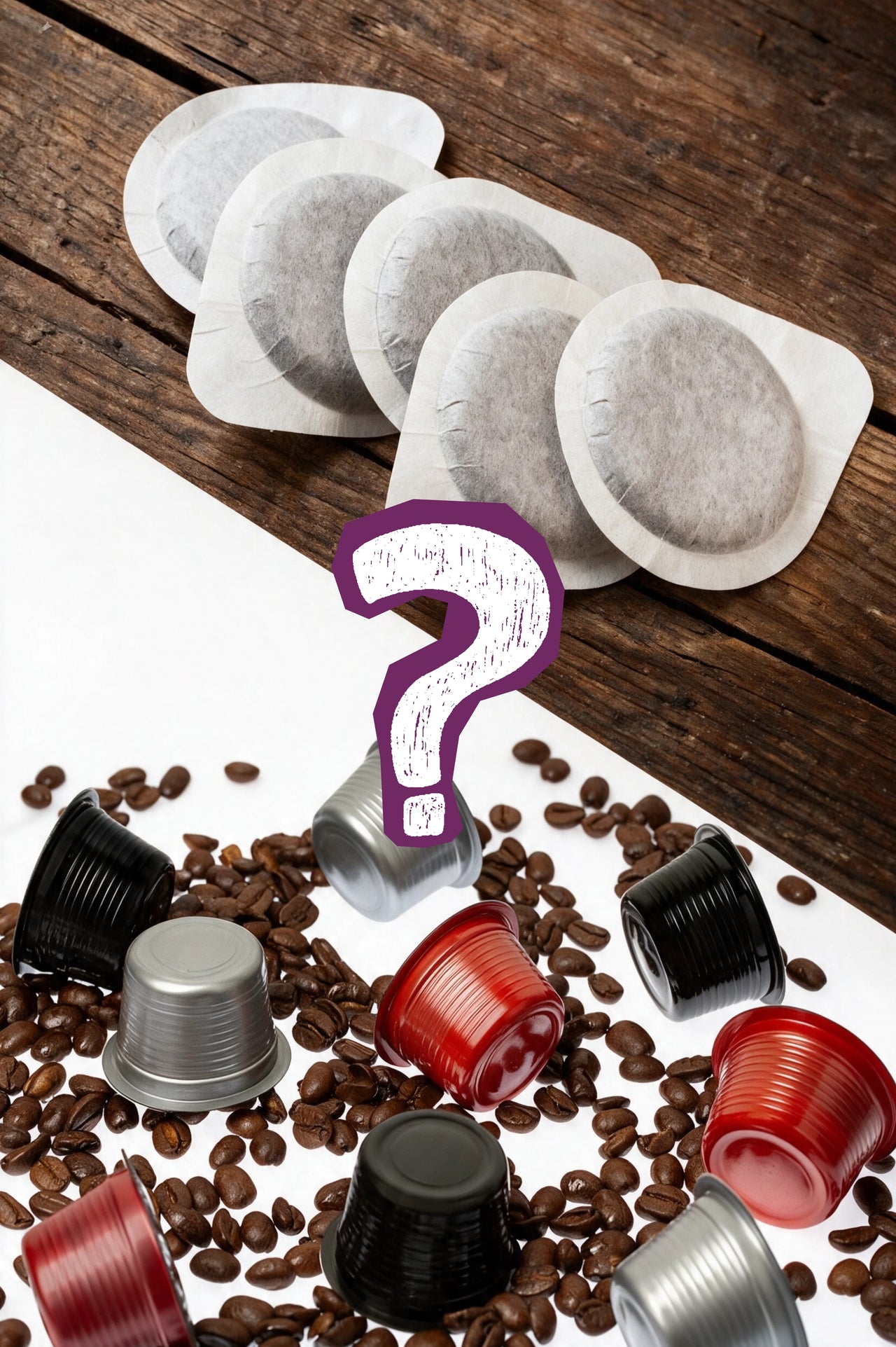 Coffee pods v coffee capsules - what's the difference? Soft paper coffee pods shown beside rigid coffee capsules to explain the difference between the two formats