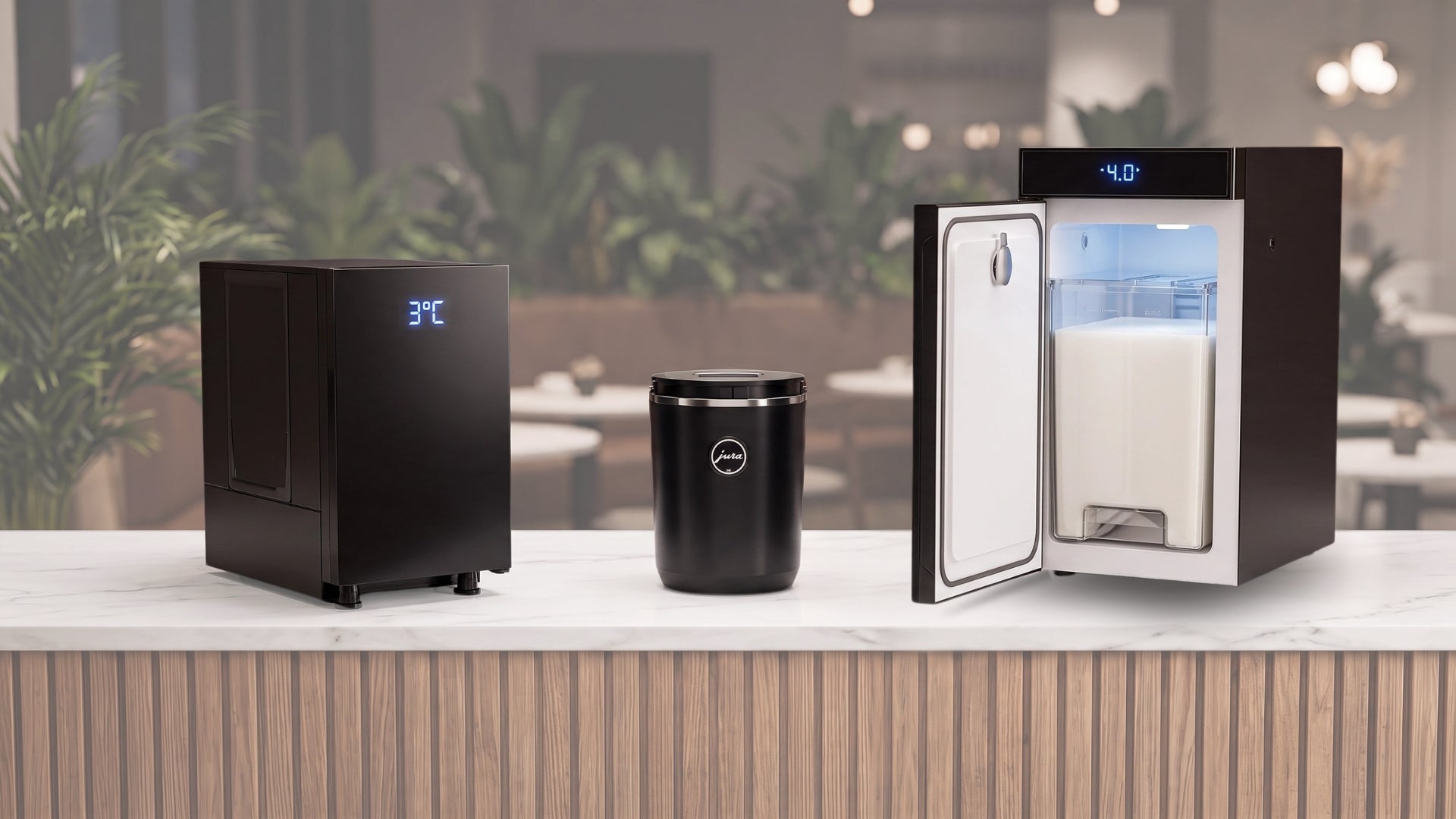 Countertop, beside-machine and undercounter milk fridges and coolers for commercial and home coffee setups.
