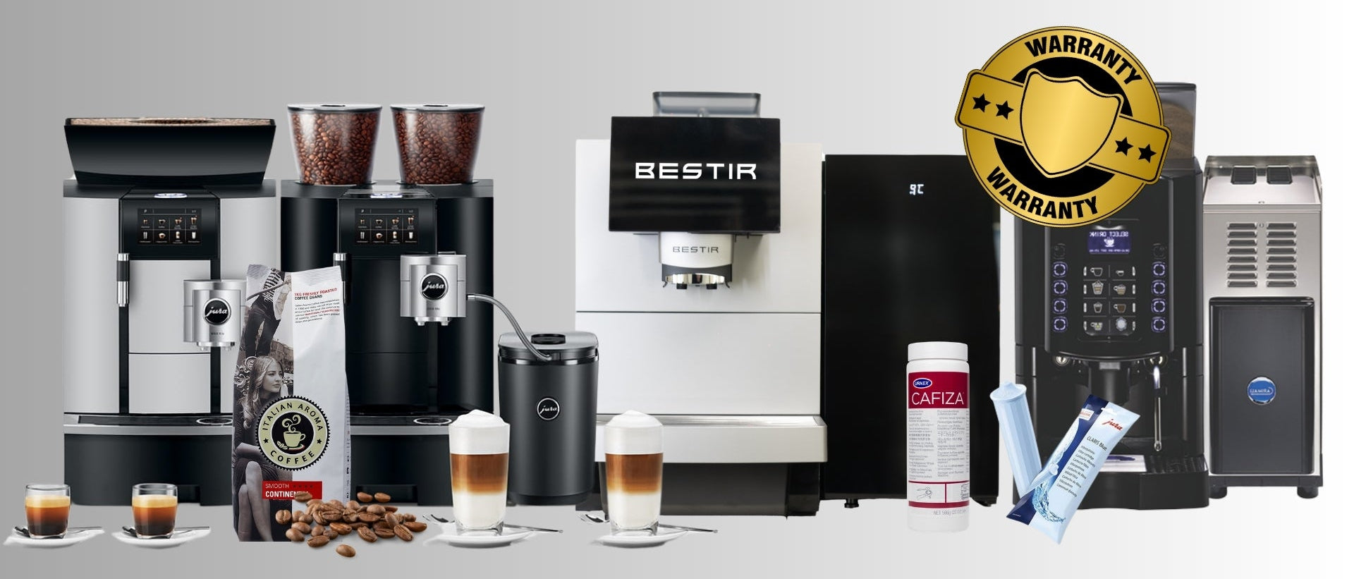 Commercial bean-to-cup coffee machine package deals with machines, milk coolers, coffee beans and cleaning products, plus delivery and installation