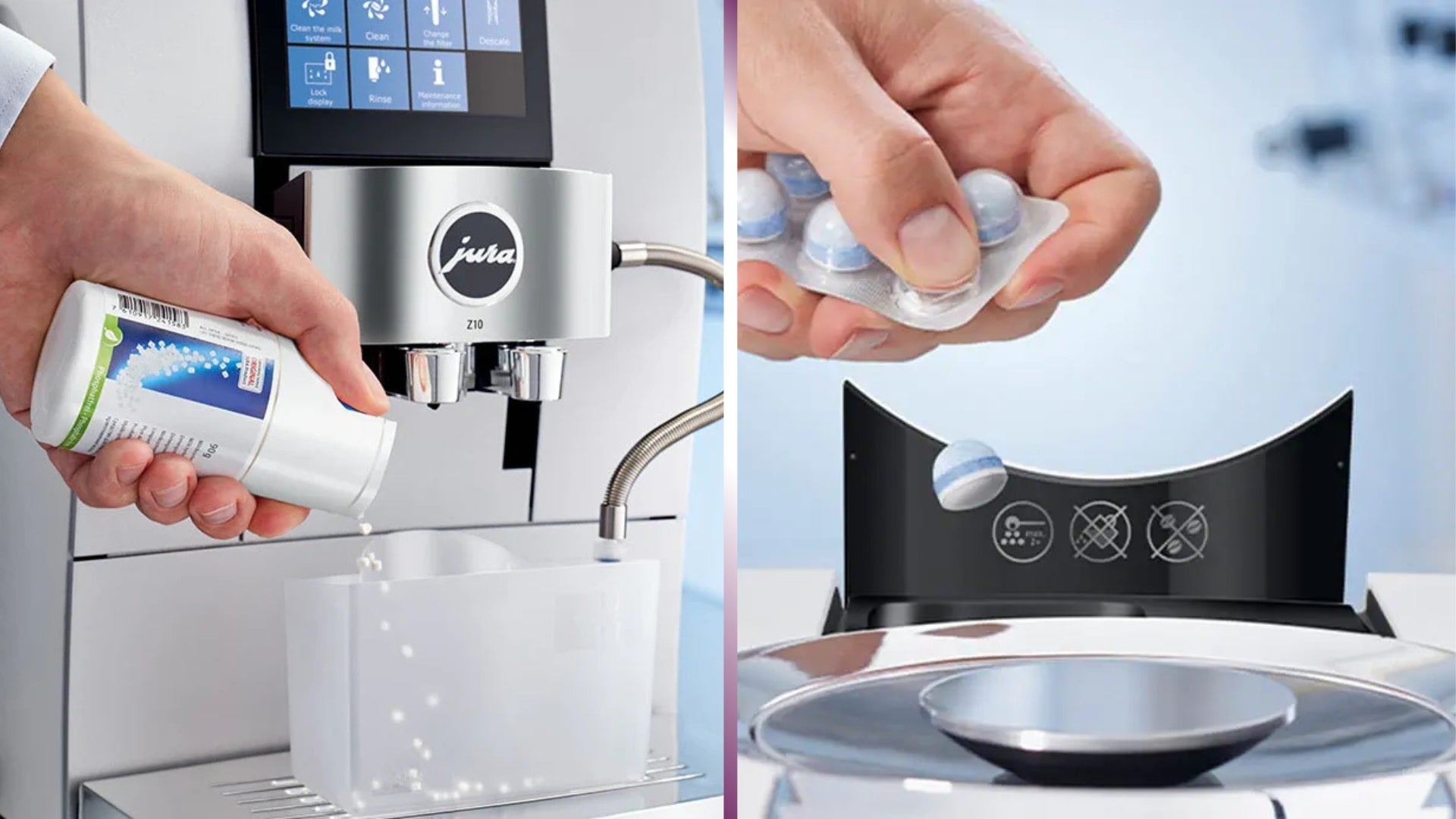 Complete JURA maintenance routine with cleaning tablets, milk cleaner, descaling tablets and CLARIS water filters.