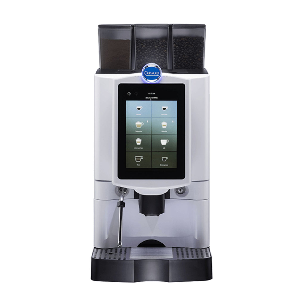 Commercial bean-to-cup coffee machine for high-traffic areas with fresh milk or soluble and dual hoppers