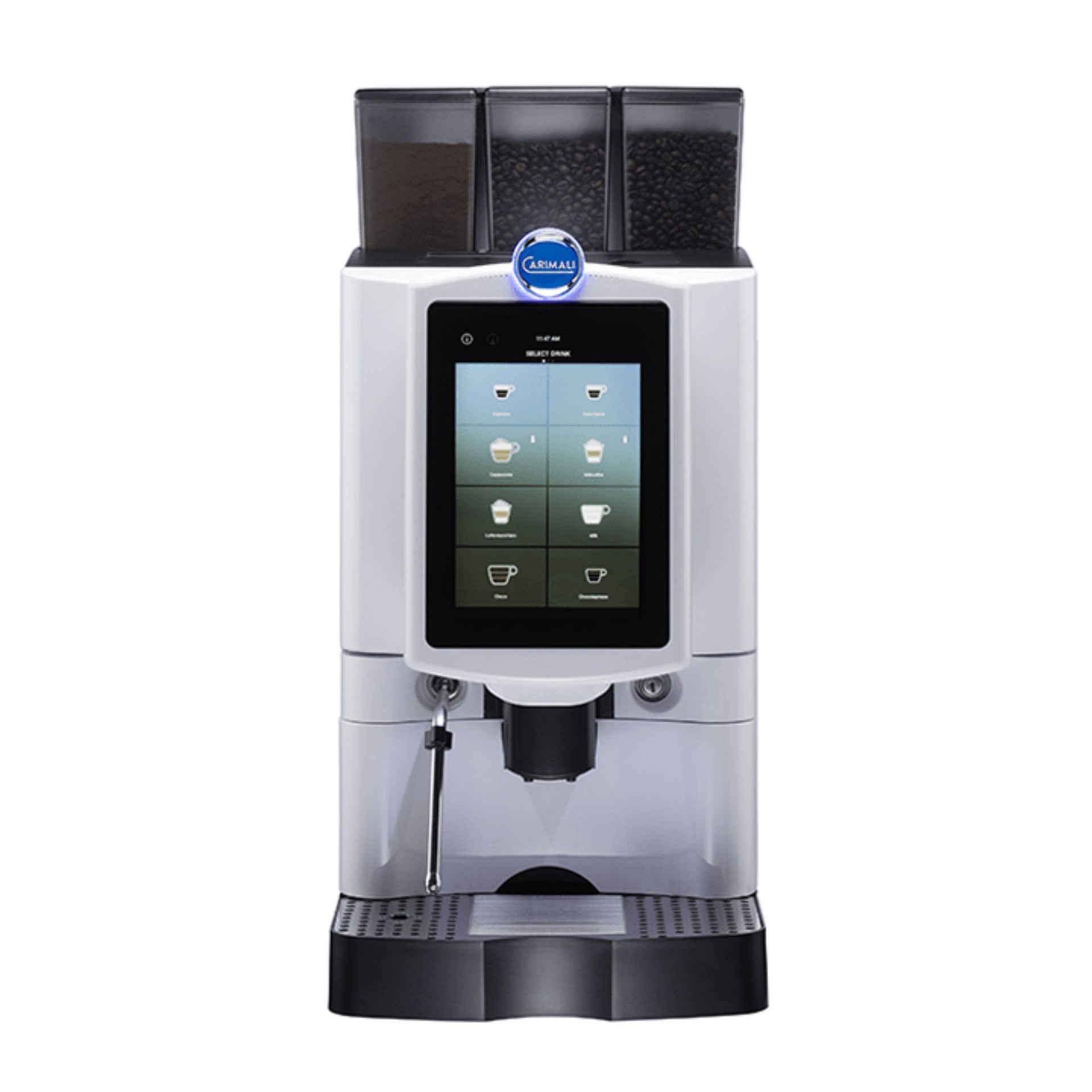 Commercial bean-to-cup coffee machine for high-traffic areas with fresh milk or soluble and dual hoppers