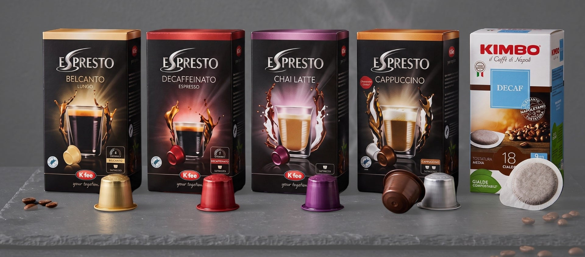 Espresto capsule for a K-Fee coffee machine compared with a Kimbo Easy Serving Espresso paper coffee pod.