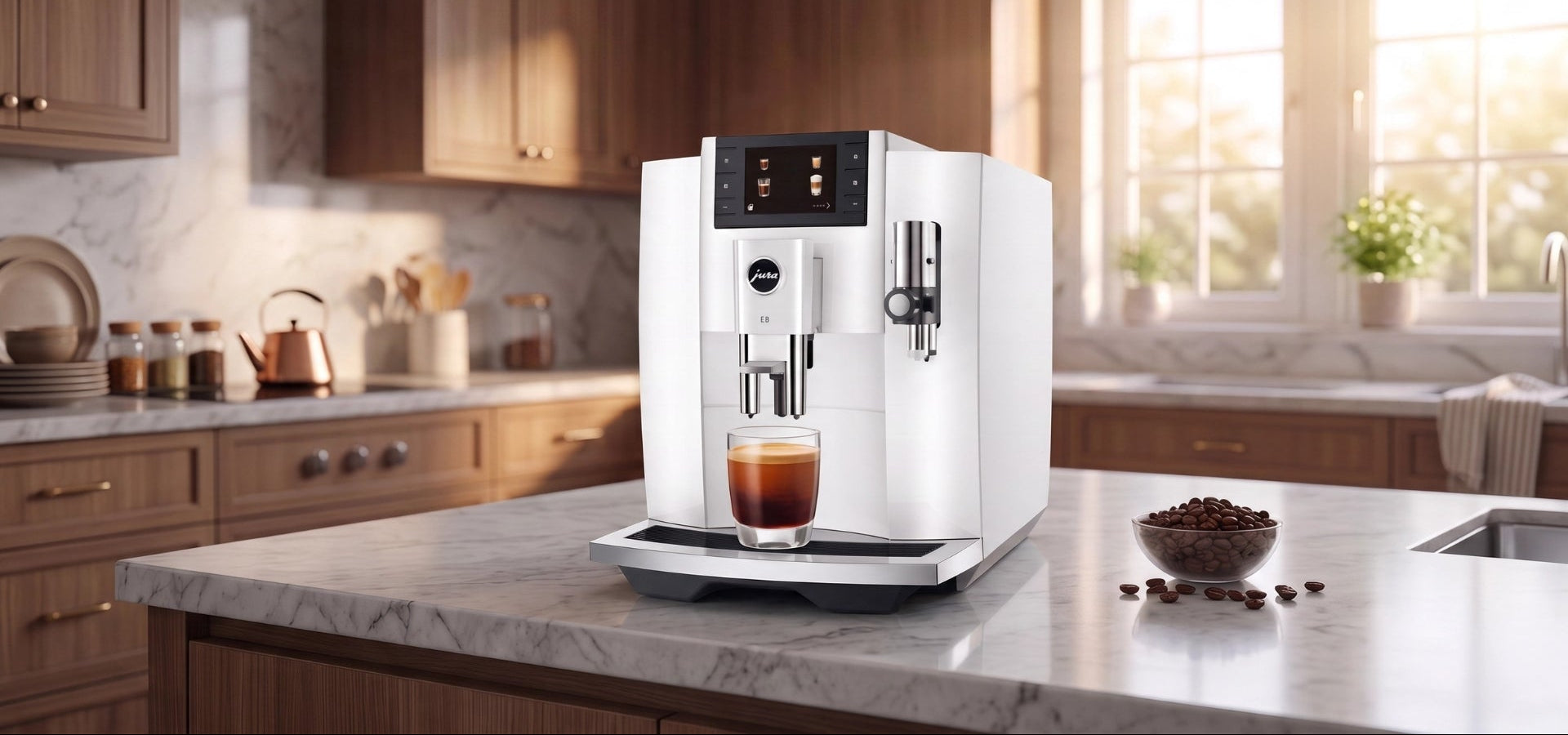 Compact automatic bean-to-cup coffee machine preparing freshly ground coffee in a home kitchen.