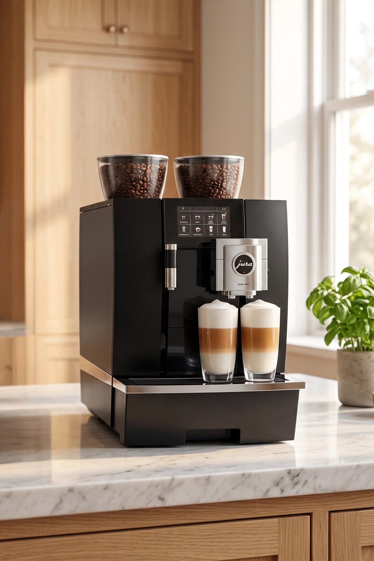 Bean-to-cup coffee machine showing whole coffee beans, built-in grinder and freshly prepared espresso.