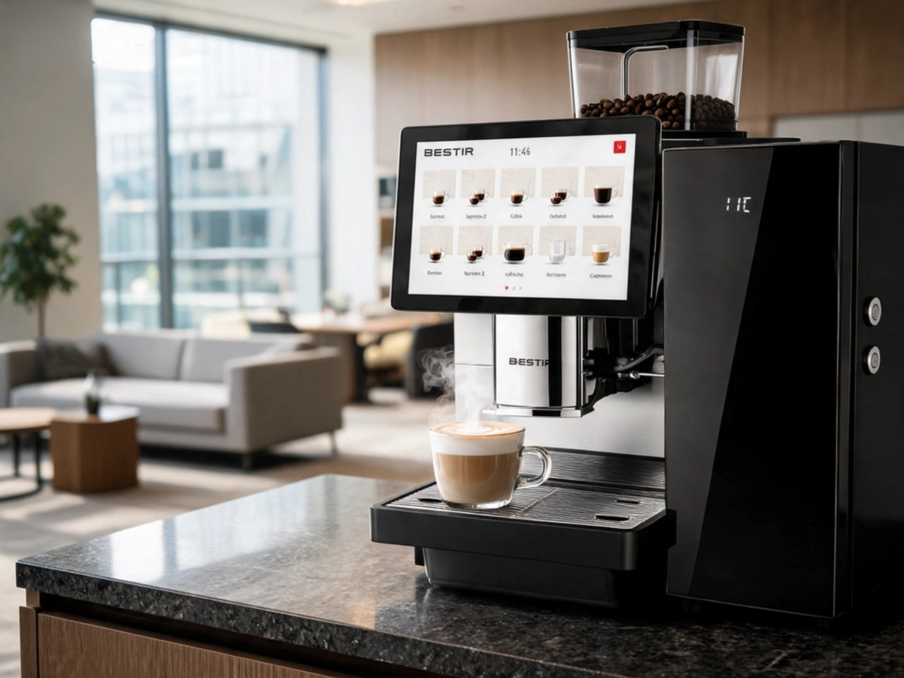 Choosing a commercial bean-to-cup or traditional espresso coffee machine  for businesses. Picture - the Bestir BM80 commercial bean-to-cup coffee machine in a modern office coffee station