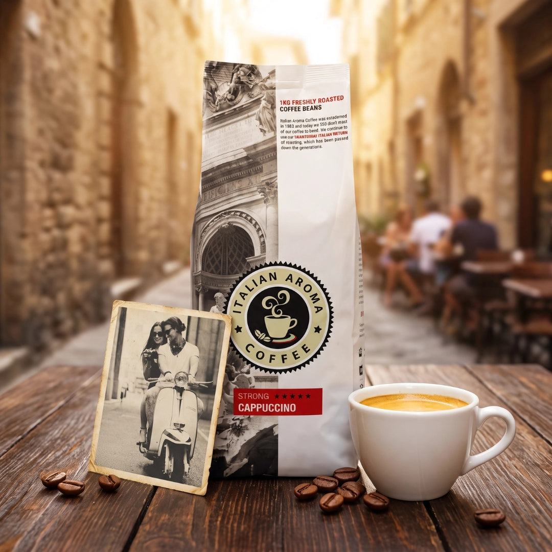 Italian Aroma roasted coffee beans in 1kg bags and 6kg cases for cafés, coffee shops, offices, hospitality and home coffee machines.