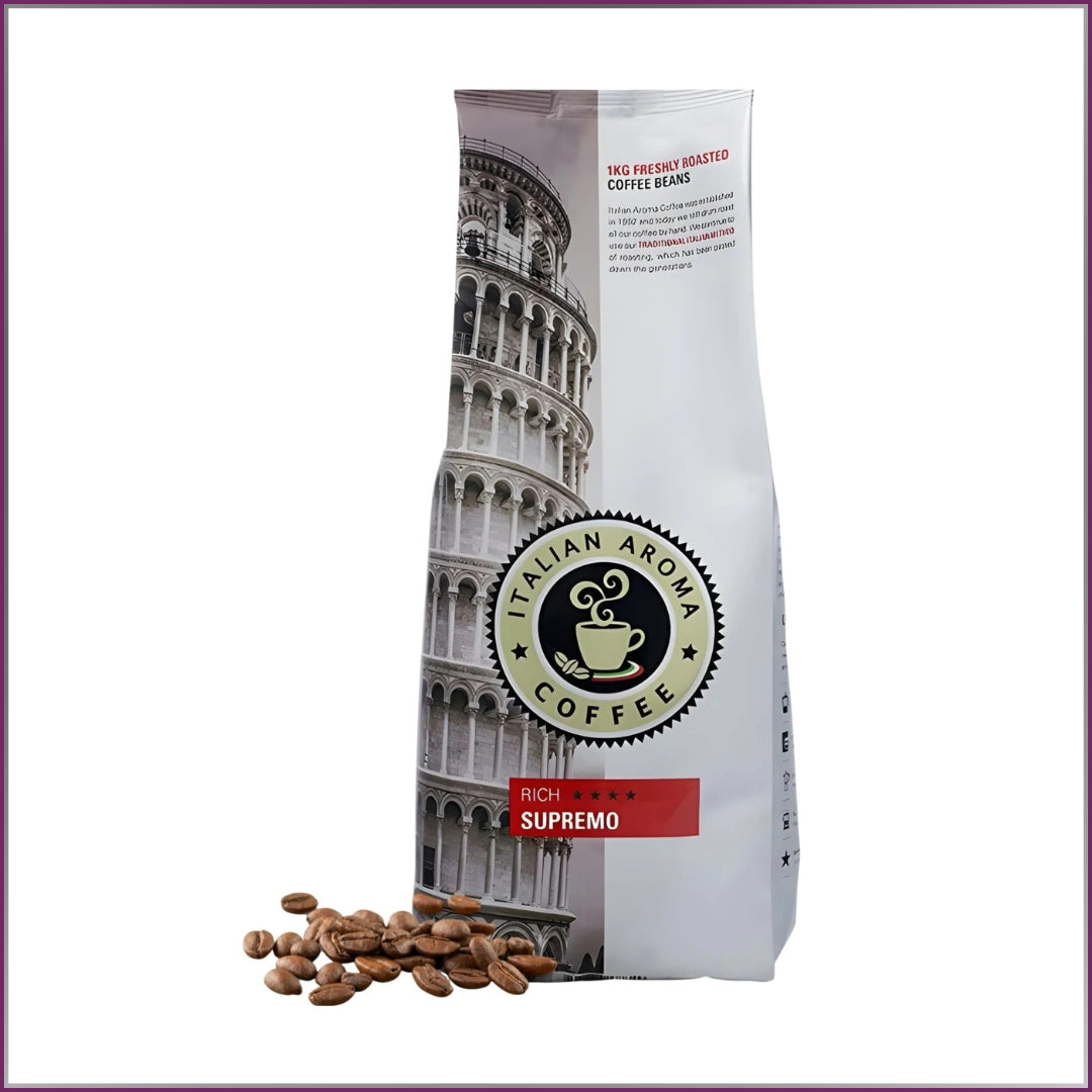 Italian Aroma Supremo 100% Arabica coffee beans with a smooth, elegant flavour and citrus notes.