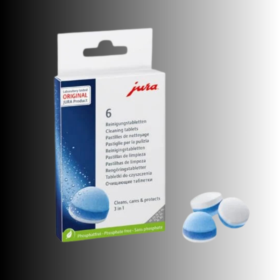JURA 3-phase cleaning tablets for automatic coffee machine brewing systems.