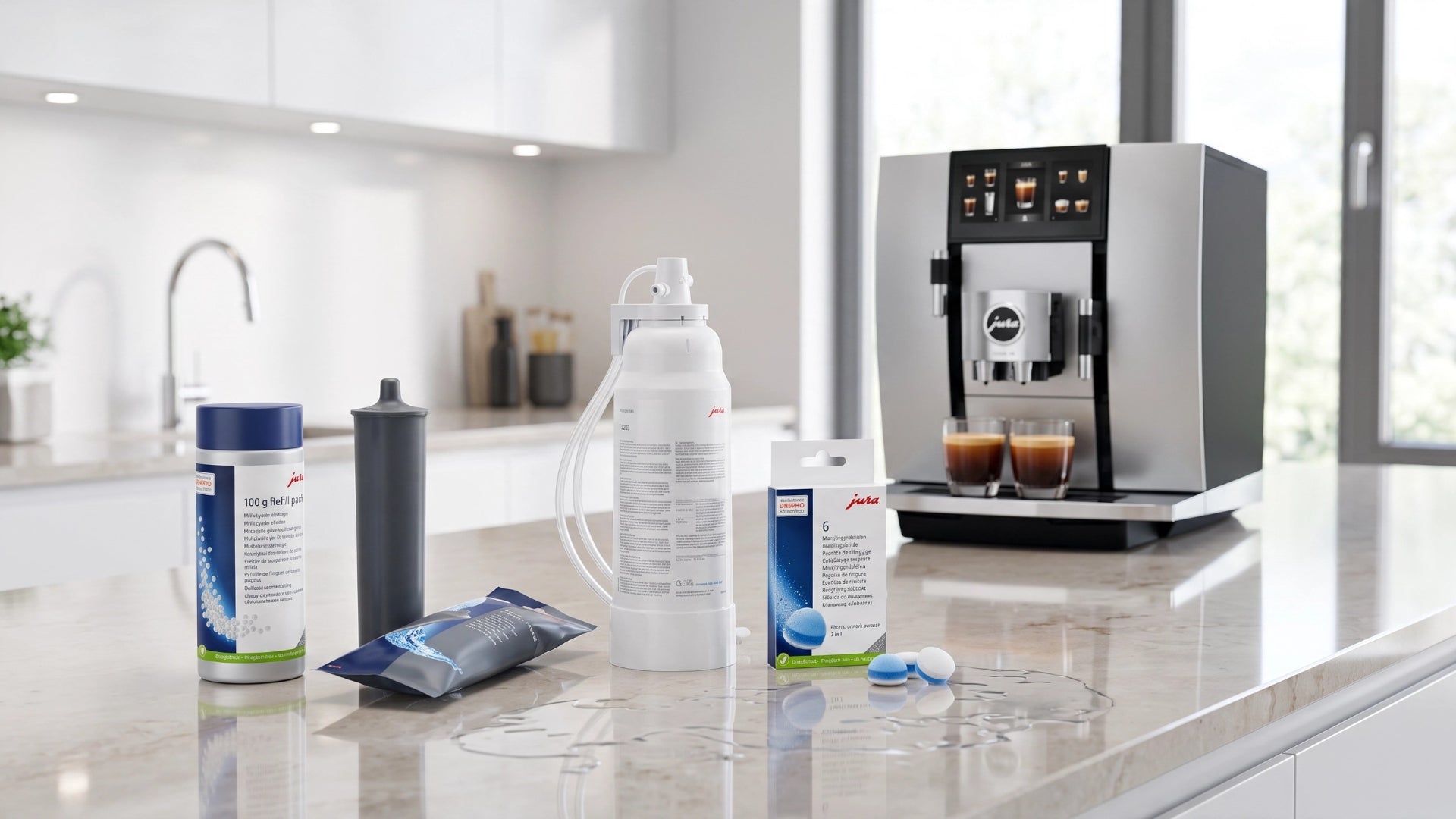 JURA cleaning products with CLARIS tank filters and F-series external water-filter cartridges for household and professional coffee machines.