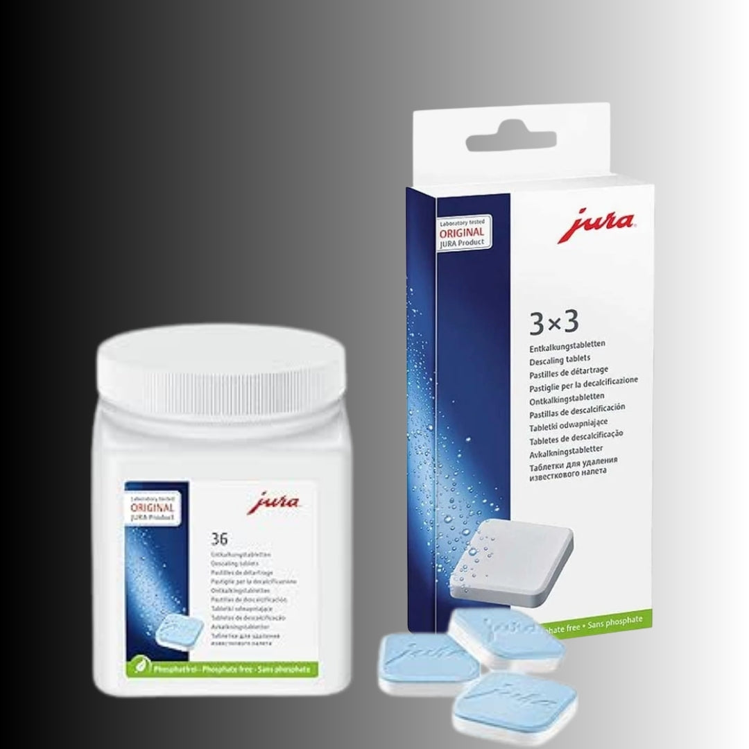 JURA descaling tablets for removing limescale and mineral deposits from compatible automatic coffee machines.