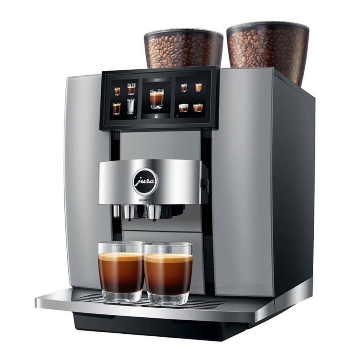 JURA GIGA W10 bean-to-cup coffee machine in Diamond Silver – dual grinders, cold brew and touchscreen display for commercial coffee service