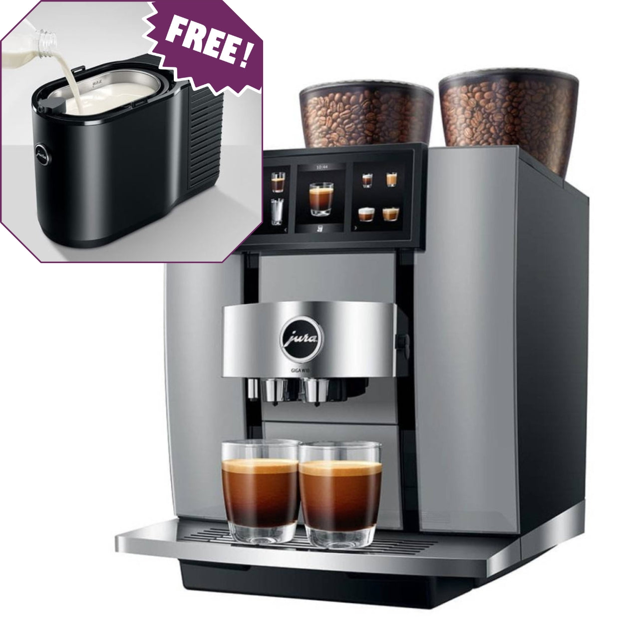 Jura GIGA W10 Diamond Silver coffee machine with free Jura 2.5L Cool Control milk fridge offer – extended until Christmas 2025, available from StafCo UK.