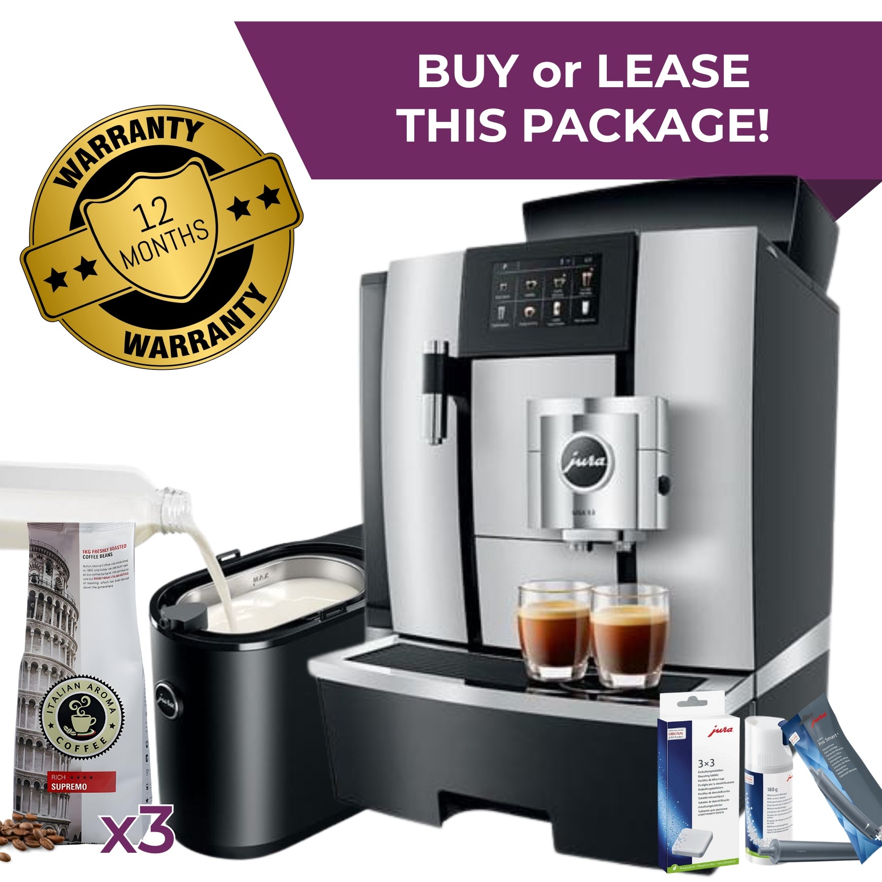 JURA GIGA X3 package deal with 2.5L milk fridge, beans, filter and cleaning kit