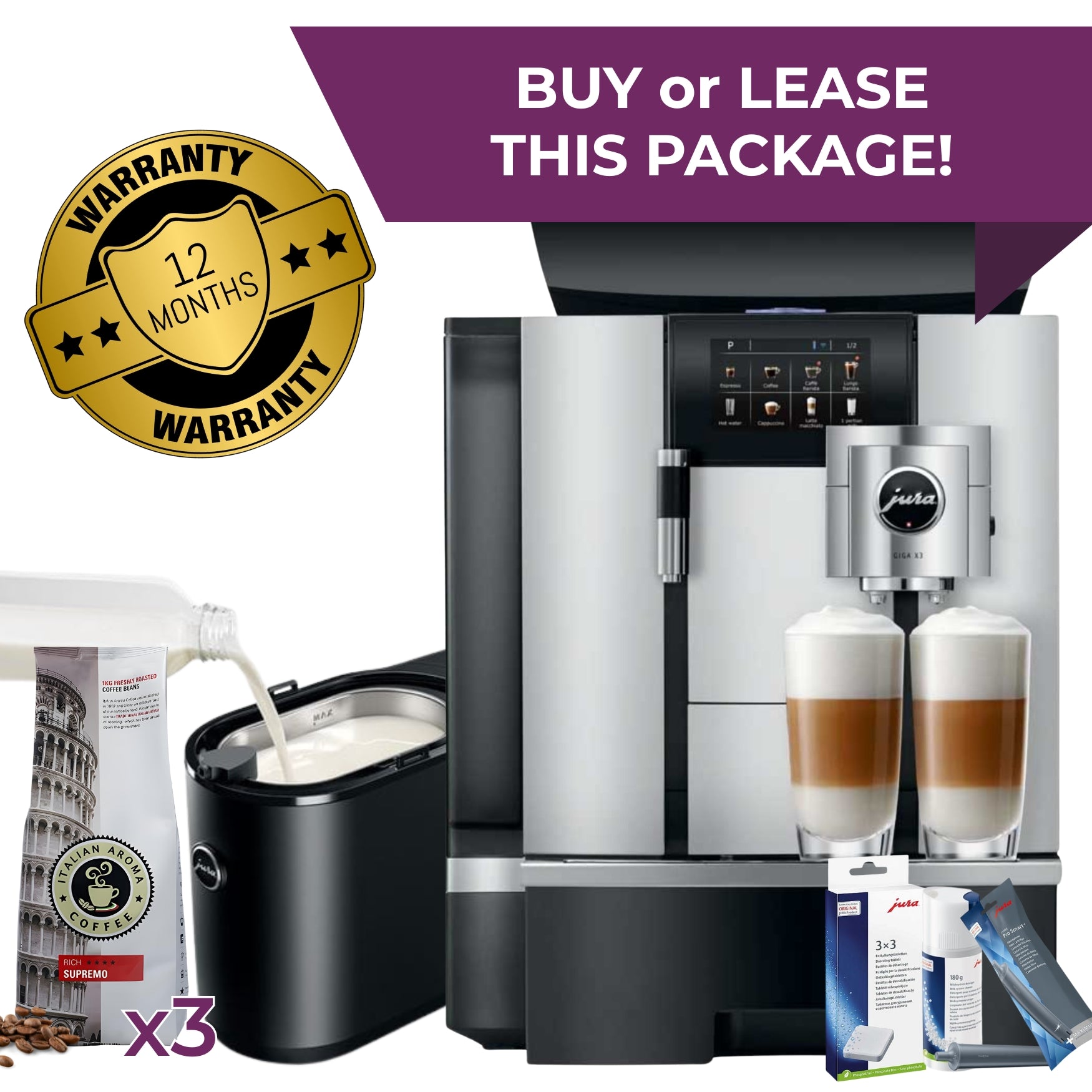 JURA GIGA X3c package with 2.5L milk cooler, Claris F3300 filter, cleaning kit and beans – buy or lease