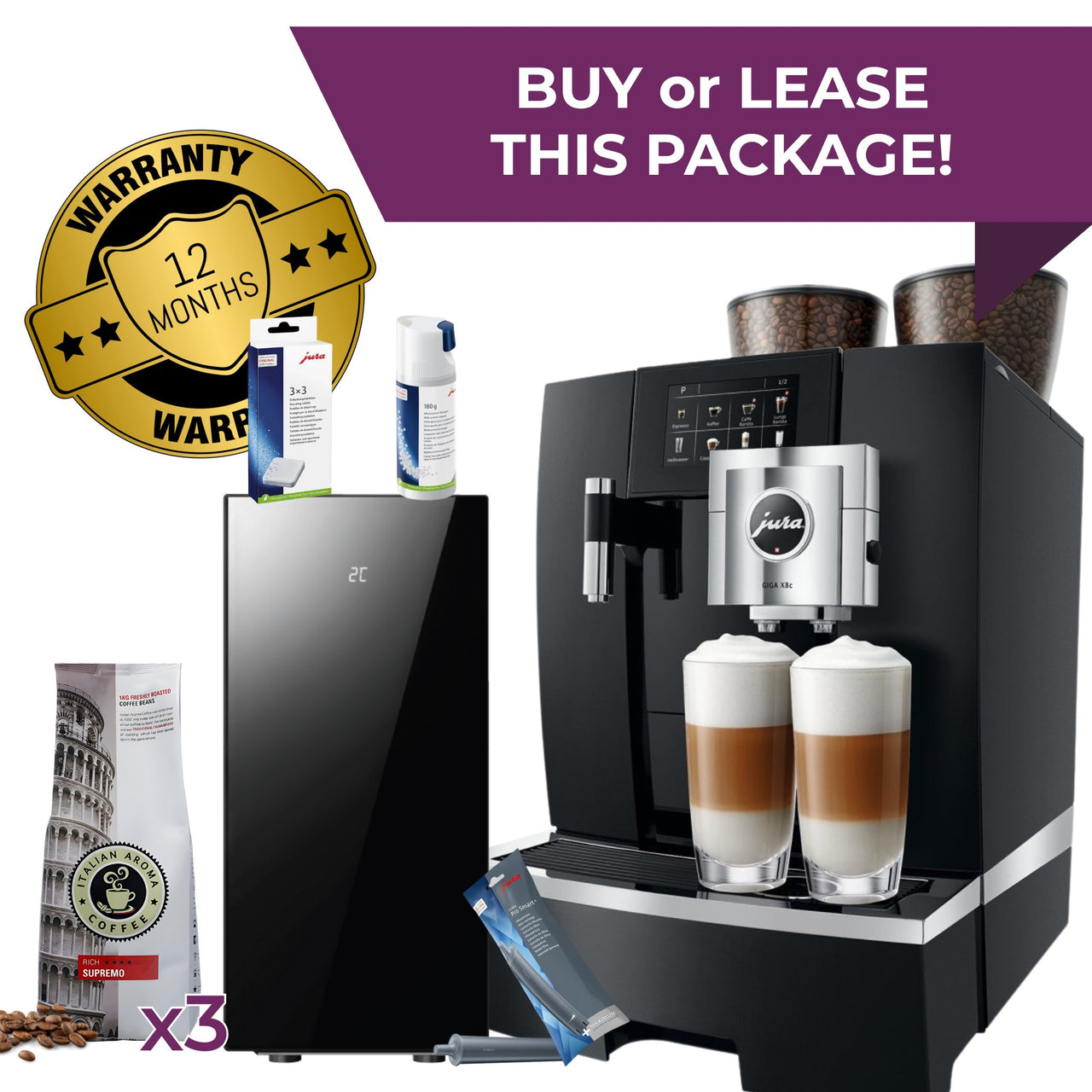 Jura GIGA X8c package deal with C4 milk fridge, beans, cleaning kit, and training - buy or lease
