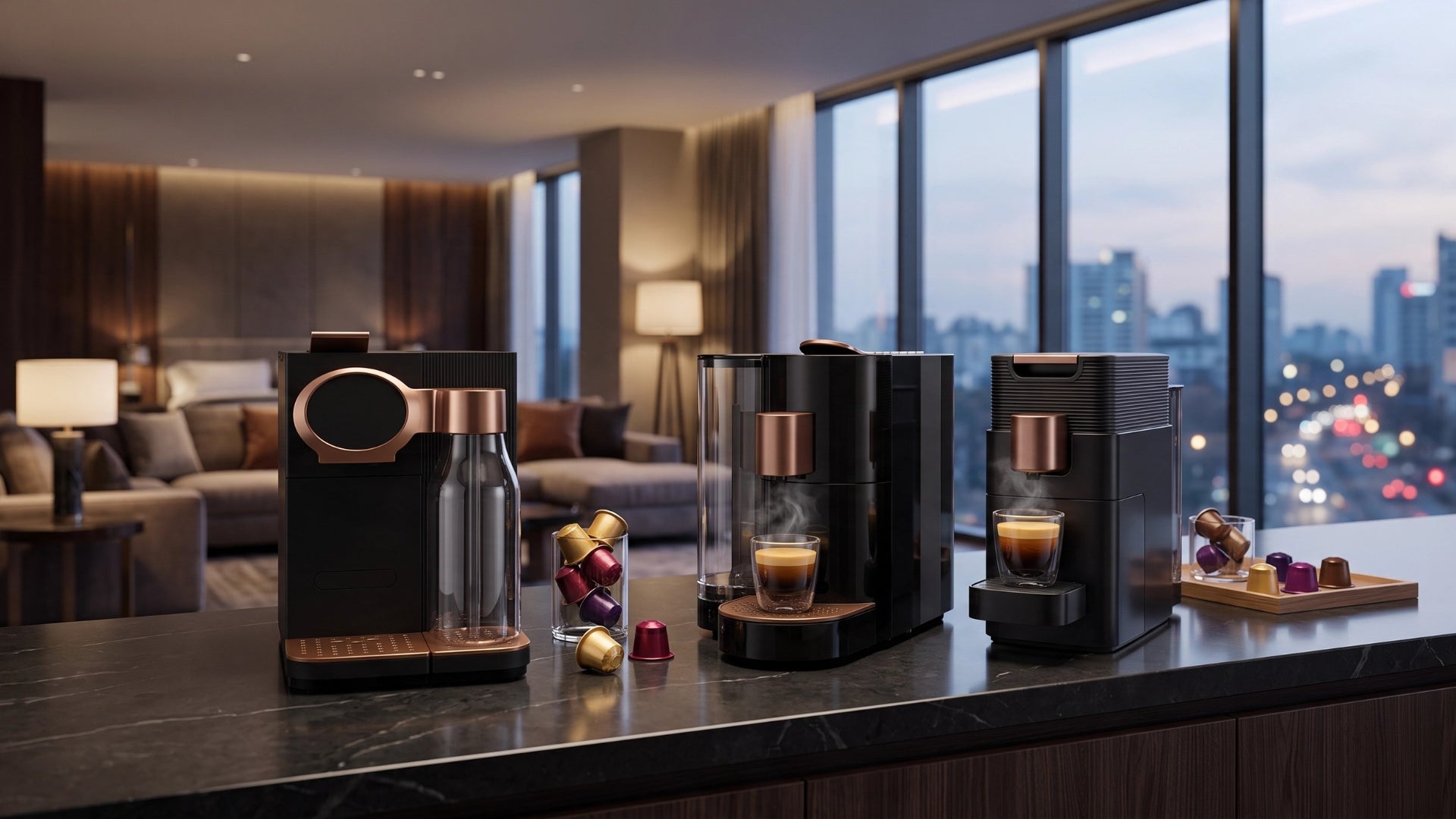Compact K-Fee capsule coffee machine with Espresto capsules on a hotel-room hospitality tray.