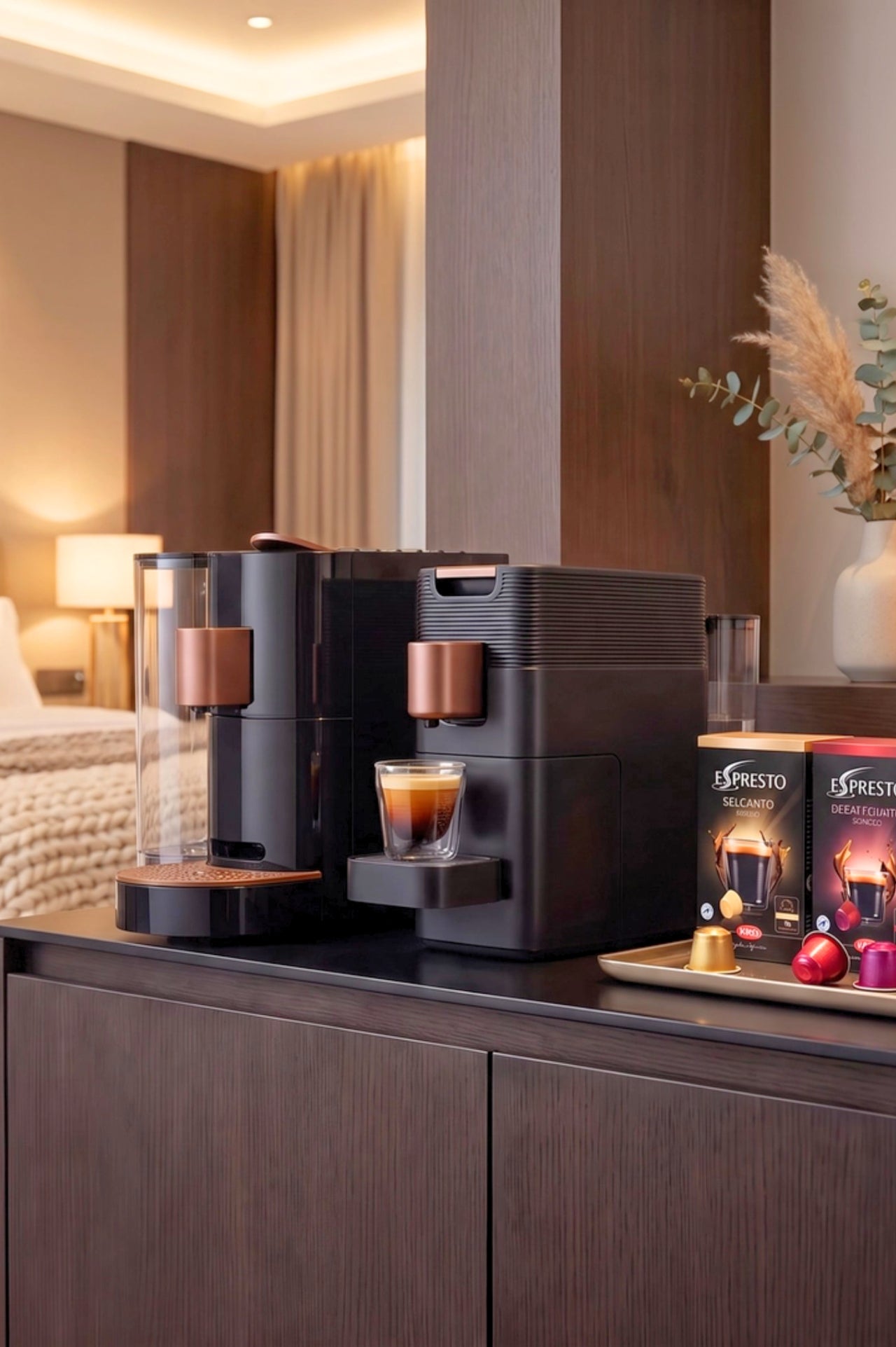 K-Fee capsule coffee machine in a serviced apartment or hotel guest-room refreshment area.