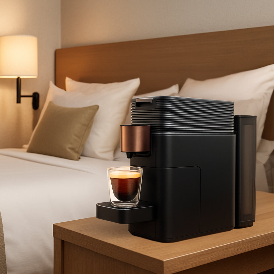 Compact K-Fee pod and capsule coffee machine suitable for homes, hotel guest rooms, boardrooms, showrooms and other lower-volume settings.
