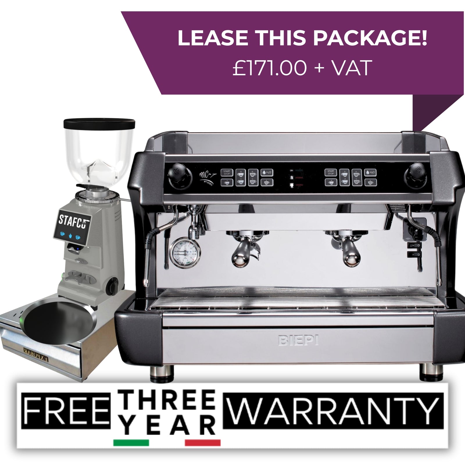 Biepi MC-1 2 group espresso machine - package deal in silver/black - buy or lease