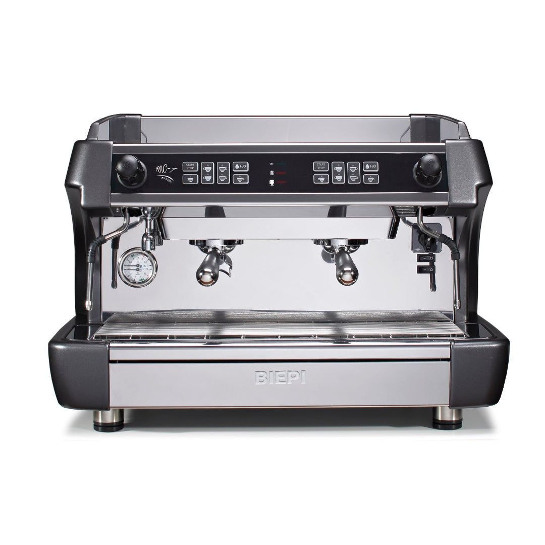 Front view of the Biepi MC-1 traditional 2 group barista espresso machine in chrome and black, built for high street cafés and hospitality, available to lease or buy with a 3-year warranty.