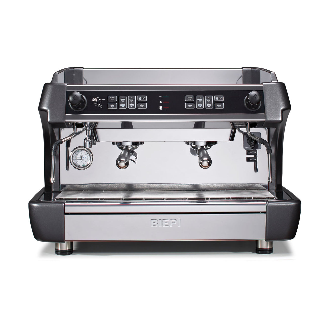 Front view of the Biepi MC-1 traditional 2 group barista espresso machine in chrome and black, built for high street cafés and hospitality, available to lease or buy with a 3-year warranty.