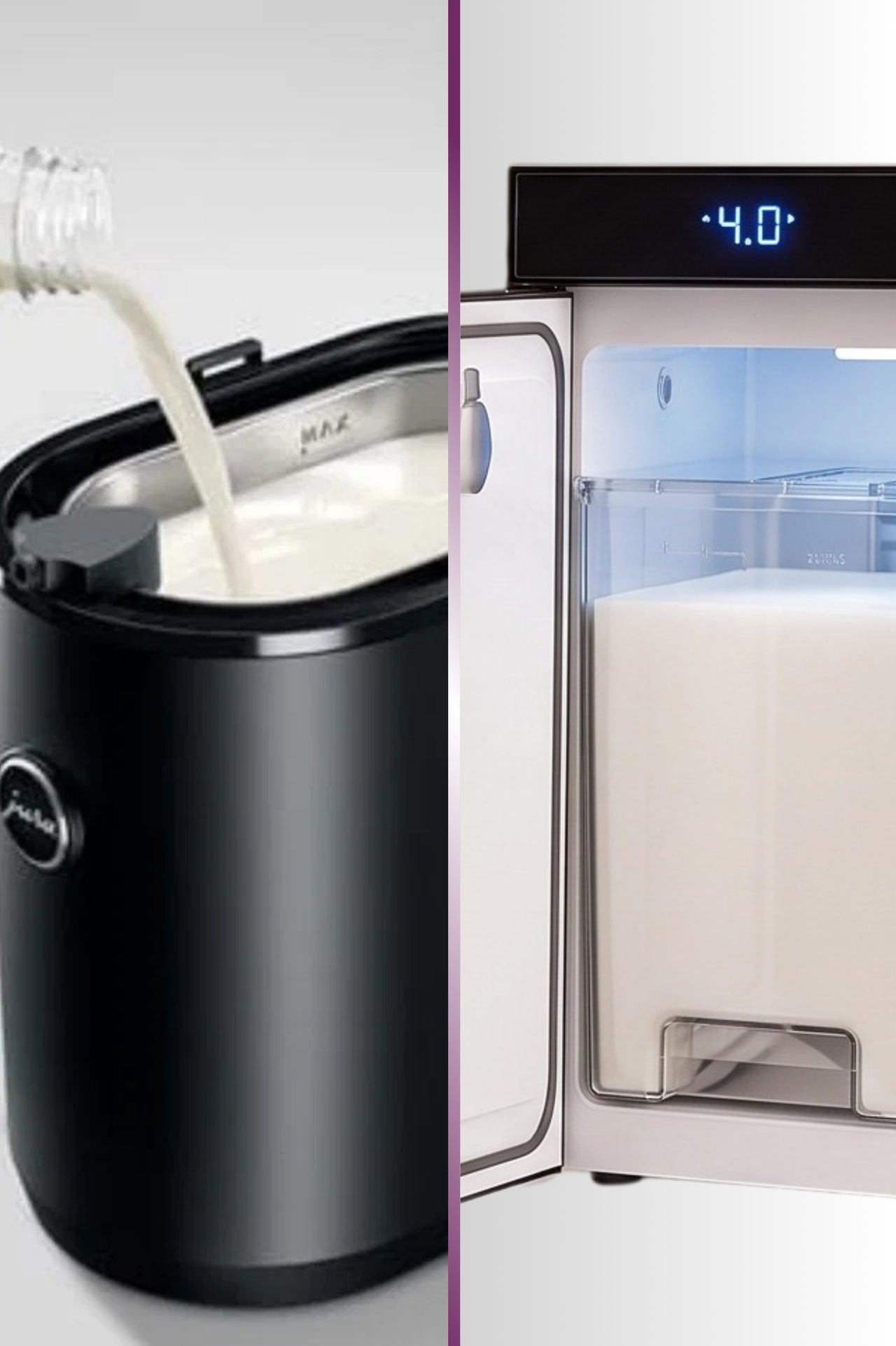 Compact countertop milk cooler and larger undercounter milk fridge for professional coffee service.