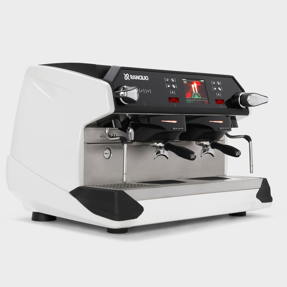 White Rancilio Classe 11 USB Xcelsius Tall 2 group espresso machine front angled view