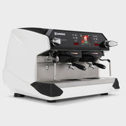 White Rancilio Classe 11 USB Xcelsius Tall 2 group espresso machine front angled view